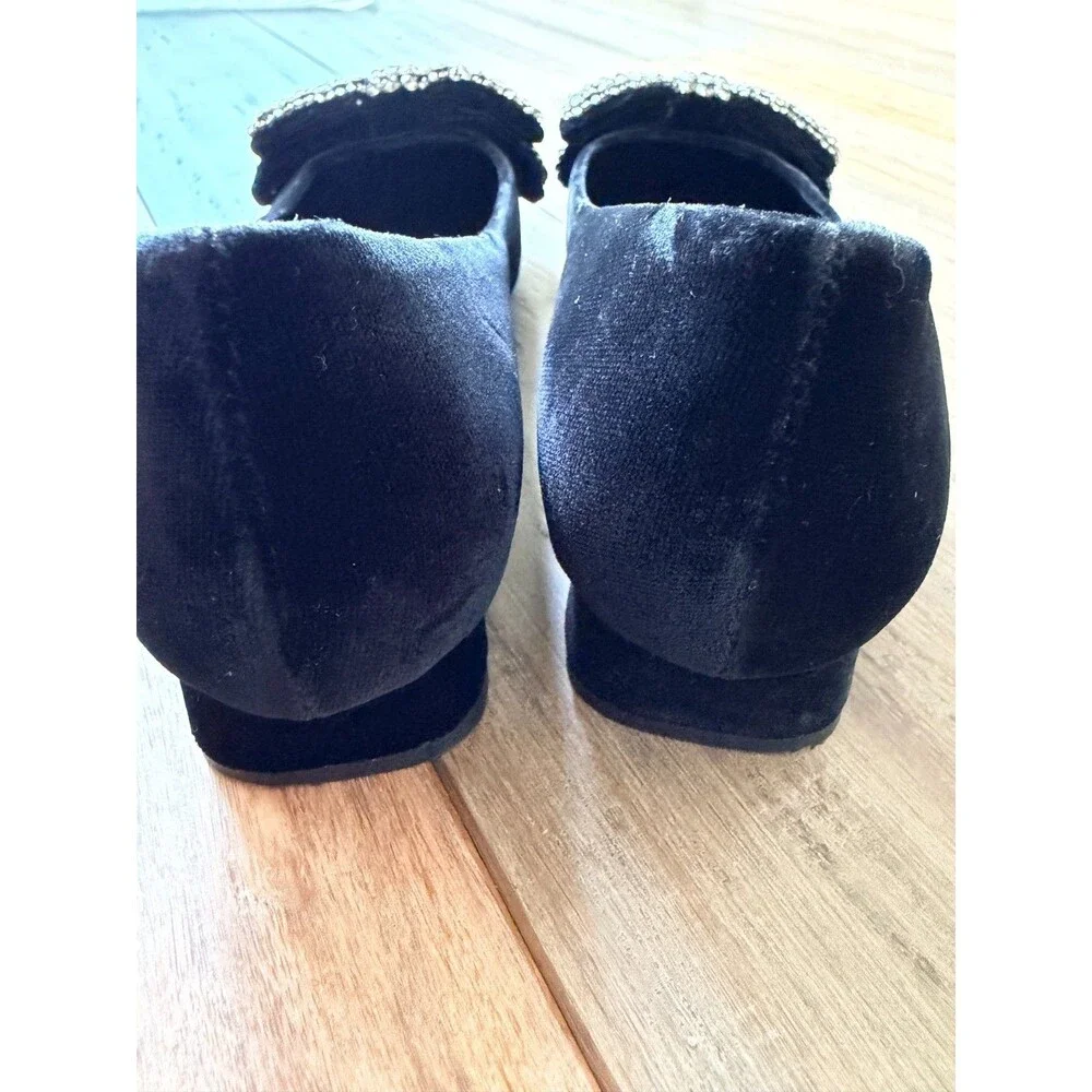 Tory Burch Black Velvet Peep Toe Crystal Bow Flats - Leather Sole - Size 6M